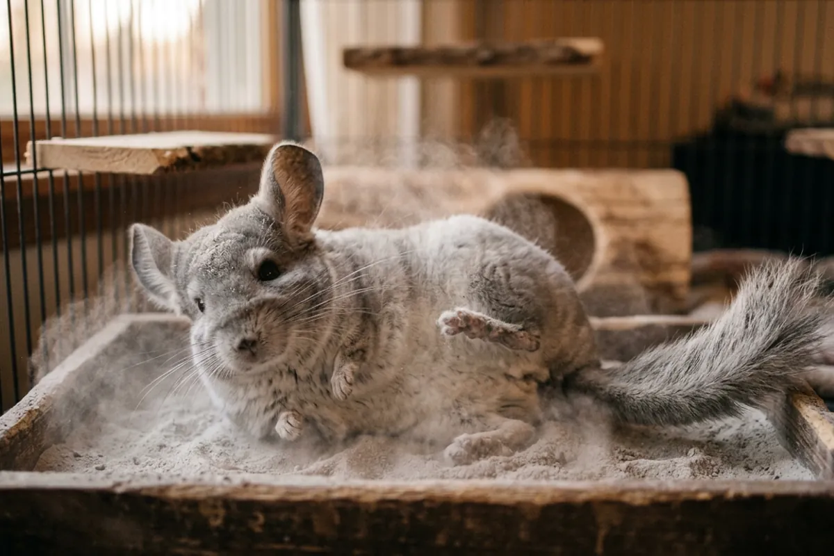 A chinchilla rolling in fine volcanic dust, one of the chinchilla facts that explains why they never bathe in water.
