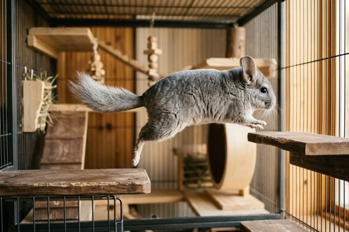 A chinchilla leaping between wooden ledges, illustrating the chinchilla facts about their jumping and need for cage height.