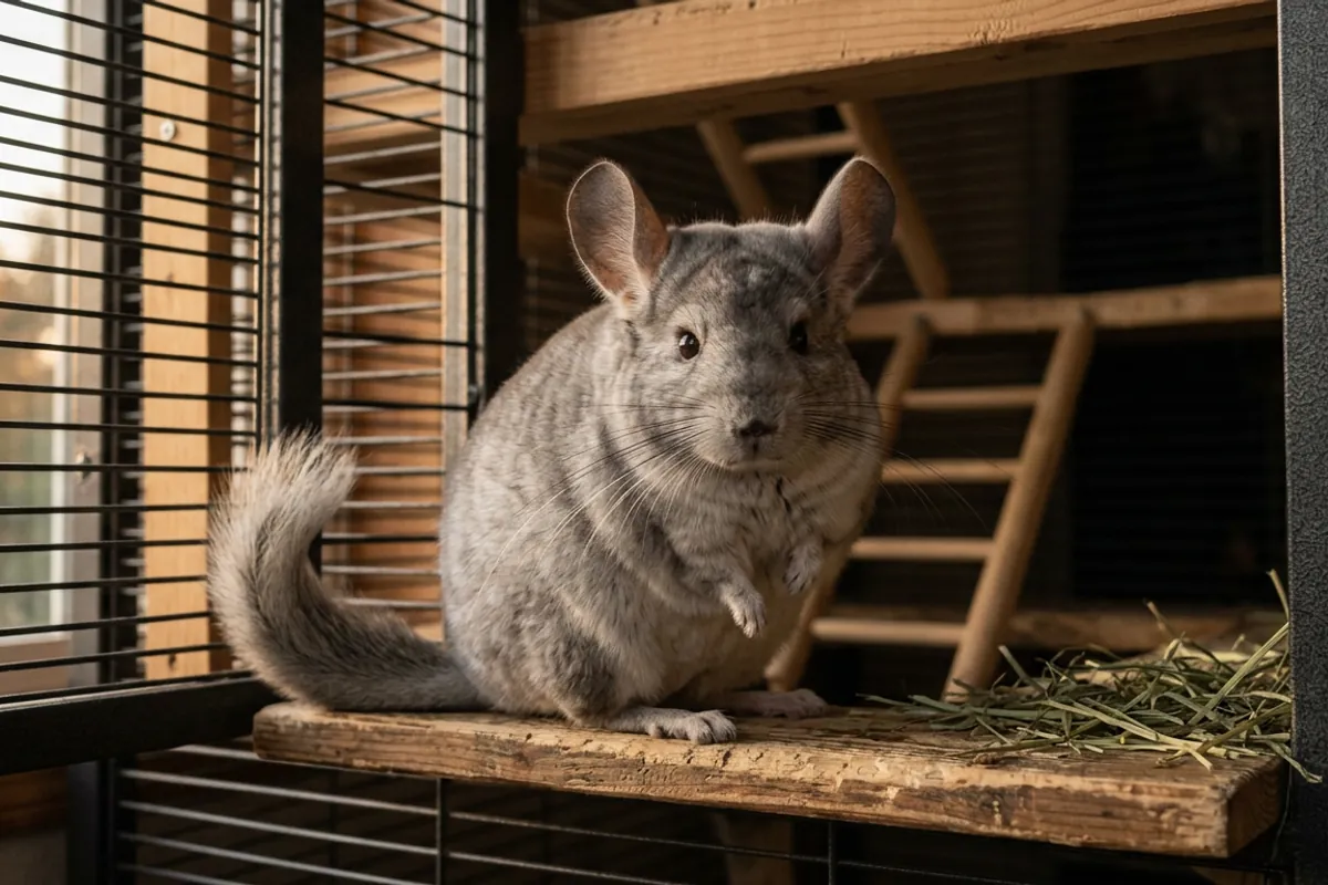 A rounded female chinchilla resting on a wooden ledge in a metal and wood cage