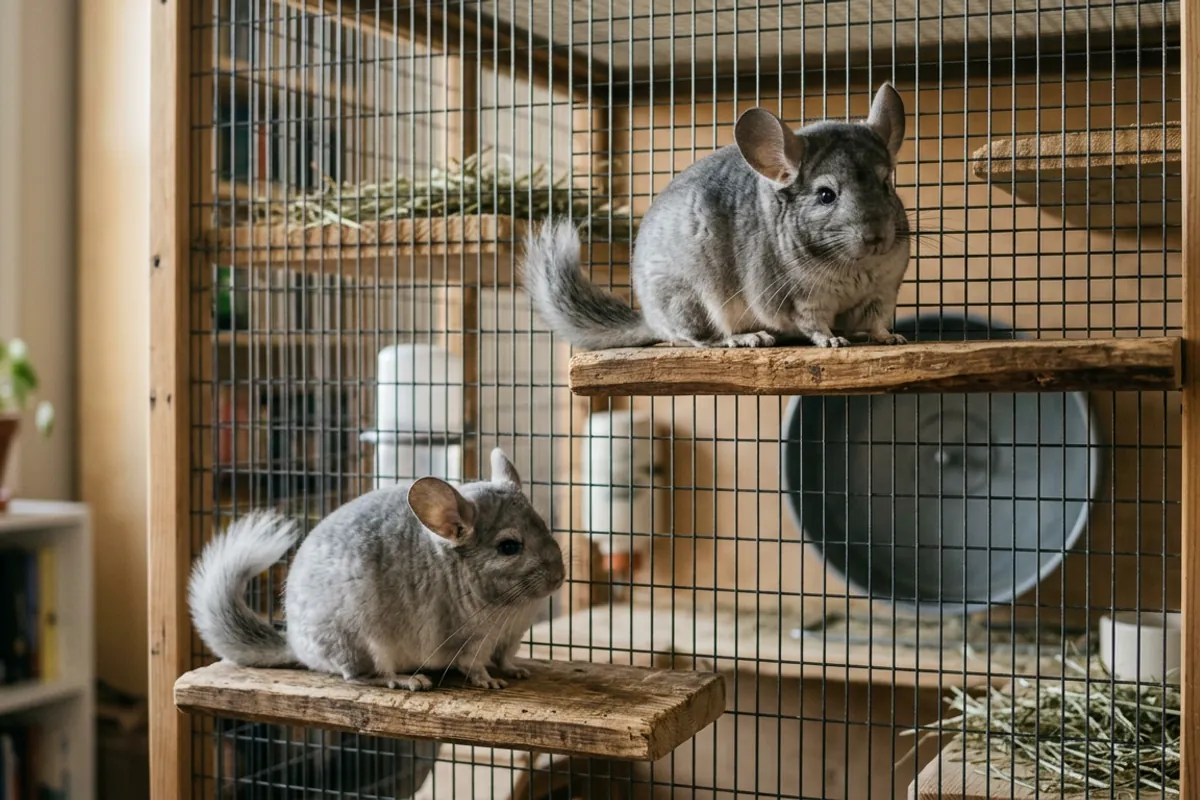 Two female chinchillas sharing a tall metal and wood cage on separate wooden ledges