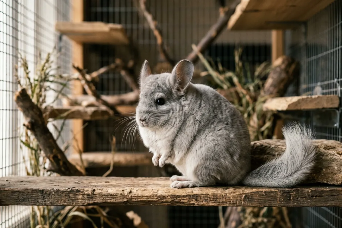 A fluffy chinchilla fully puffed up on a ledge, its dense coat built for cold mountain nights