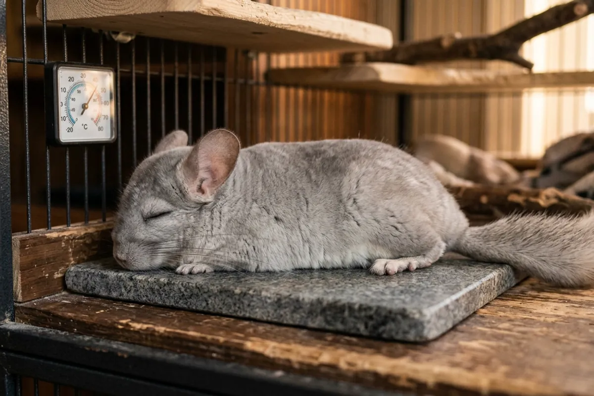 A fluffy chinchilla cooling its dense coat against a chilled stone on a warm day
