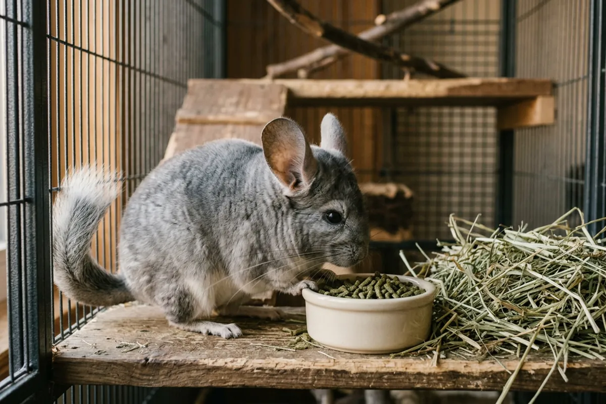 A measured portion of plain pellets next to loose hay, showing where chinchilla food pellets sit beside unlimited hay.