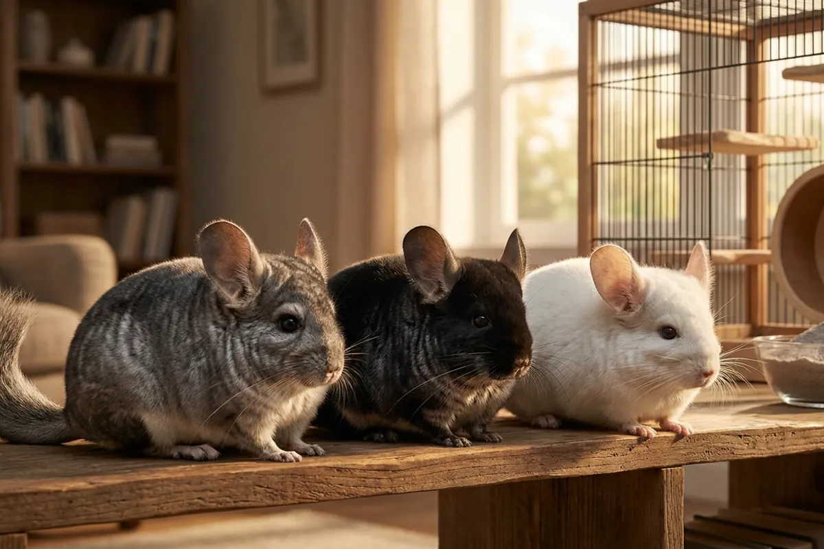 A white chinchilla, a black chinchilla, and a gray chinchilla for sale together on a wooden shelf