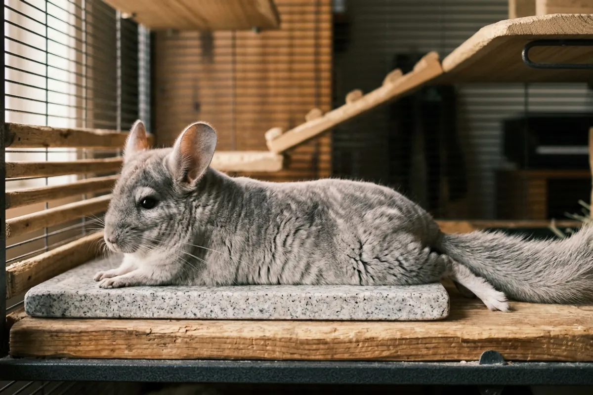 A chinchilla resting on a cool stone slab with its large ears prominent, one of the chinchilla fun facts about how they shed heat.