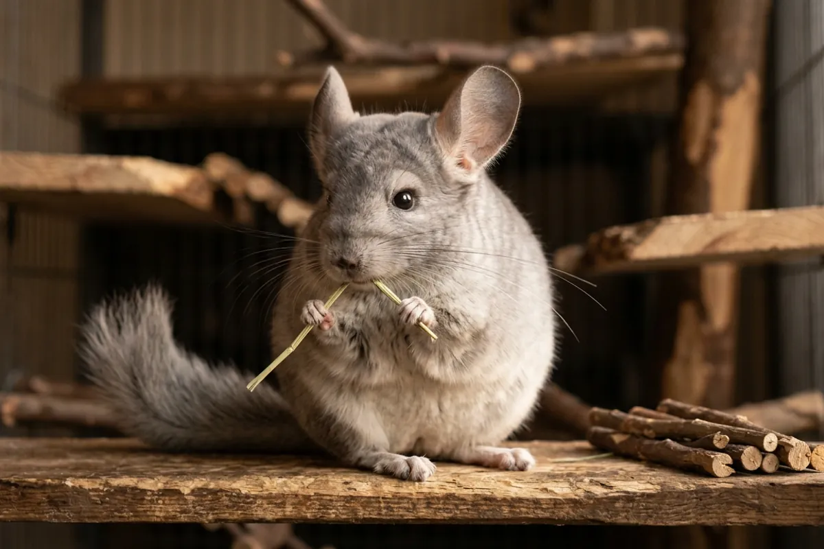 A chinchilla gnawing a strand of timothy hay, a reminder that many chinchilla fun facts trace back to teeth that never stop growing.