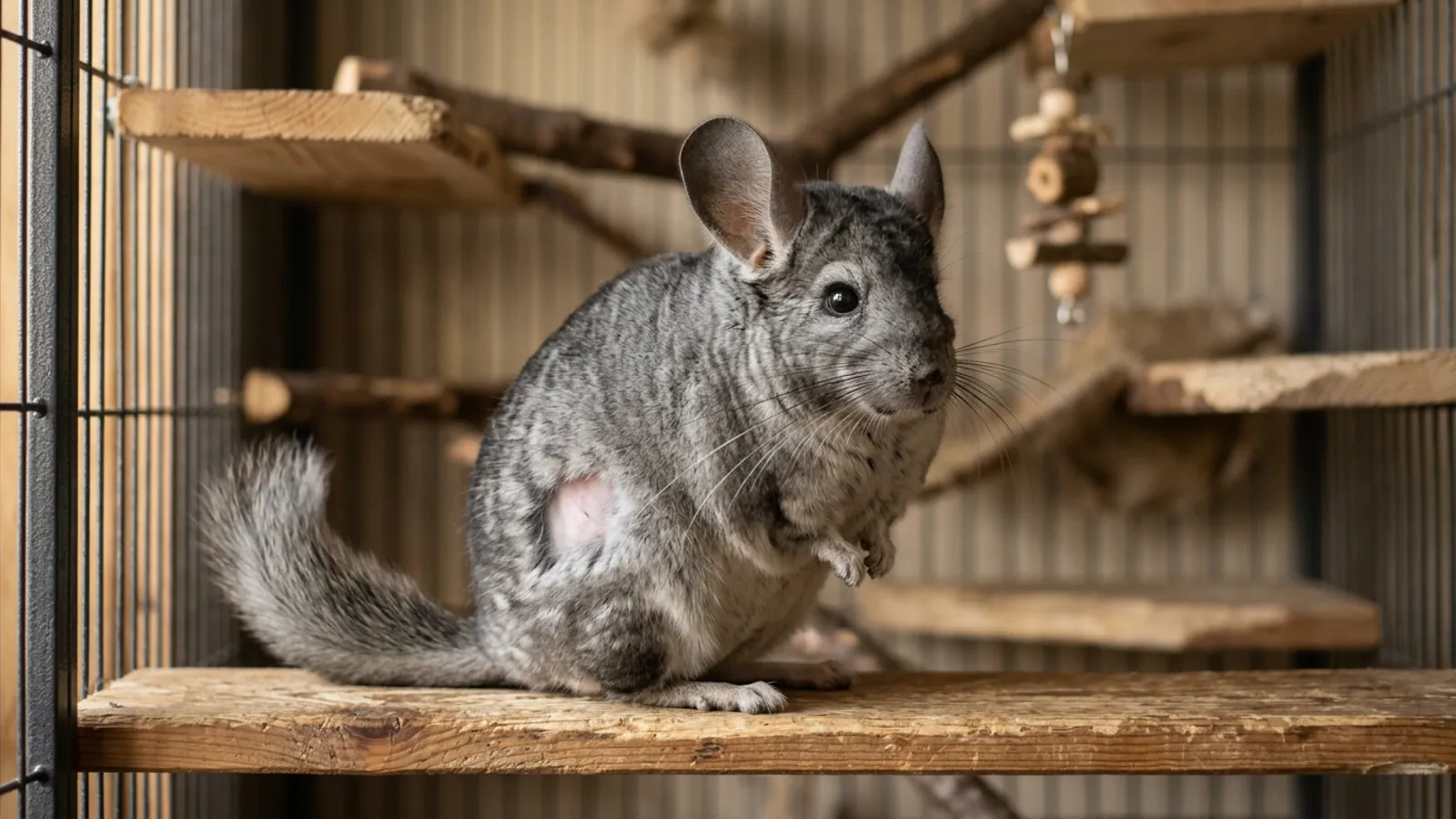 A silver-gray chinchilla with a small smooth bare patch on its flank after a chinchilla fur slip