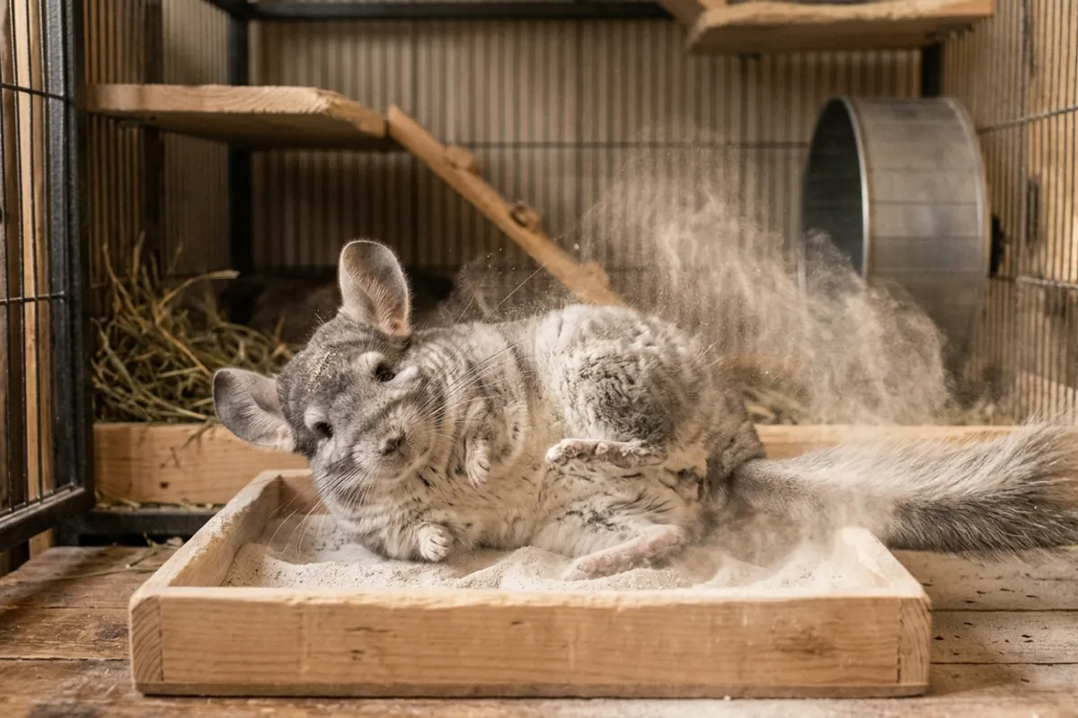 A chinchilla rolling in fine dust to keep its coat healthy, the right kind of chinchilla fur care