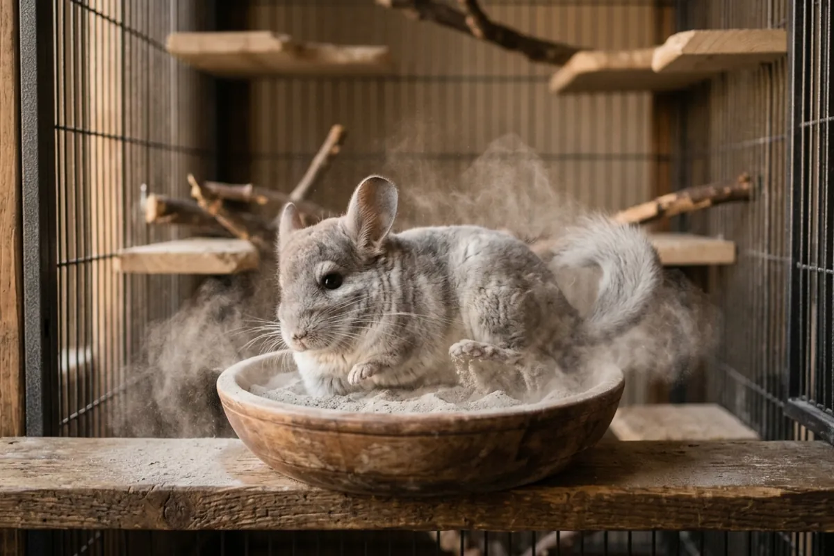 A chinchilla bathing in dry volcanic dust rather than water, the rodent behind the chinchilla giant rabbit name.