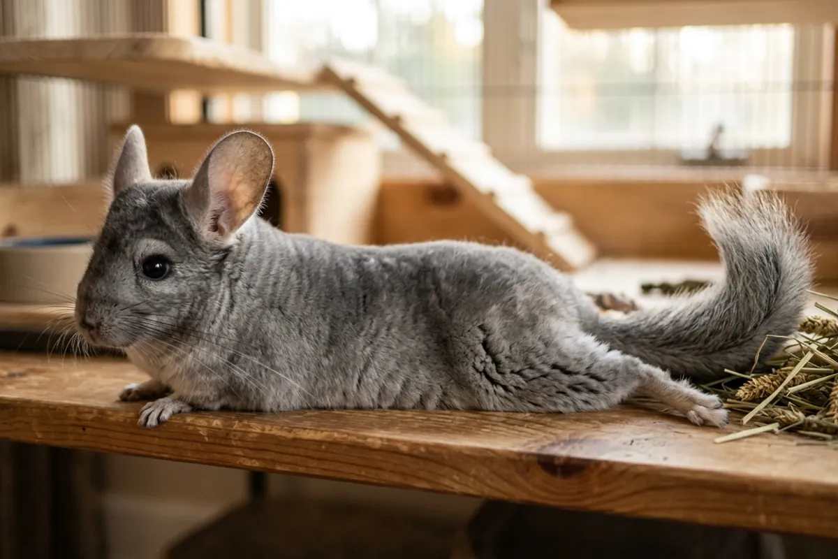A chinchilla stretched along a wooden ledge showing how small a giant chinchilla really is under its fur.