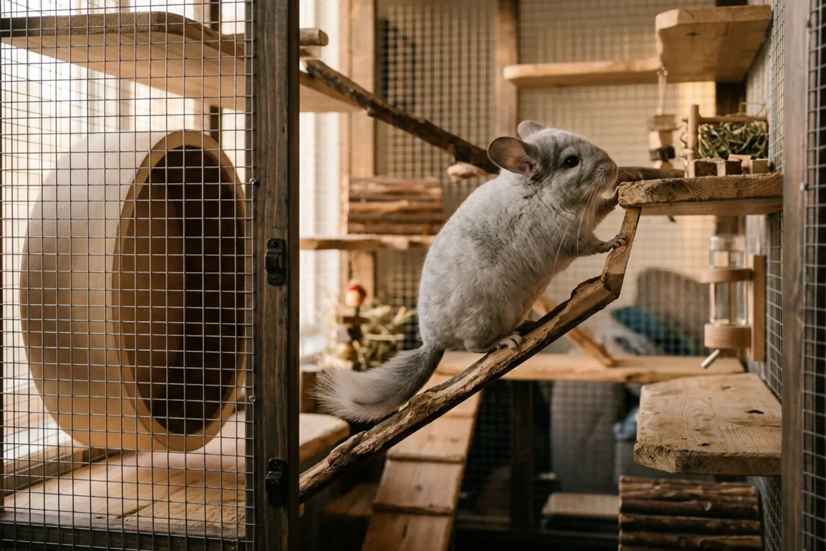 A giant chinchilla climbing the wooden ledges of a tall metal cage fitted with a solid-surface wheel.