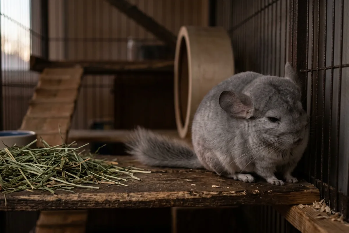 A hunched, subdued chinchilla ignoring its hay, the kind of posture change that can point to a chinchilla hair ring