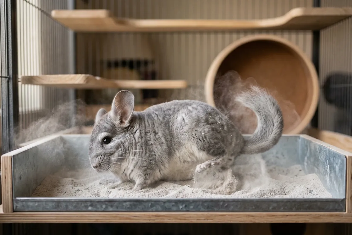 A chinchilla rolling in fine volcanic dust, the coat care that keeps loose fur down