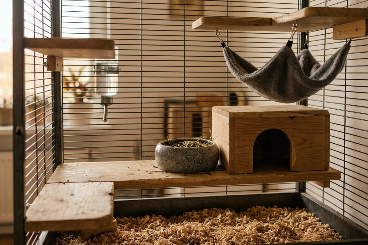 A wooden hide and a fleece chinchilla hammock sharing space in a tall metal and wood cage.