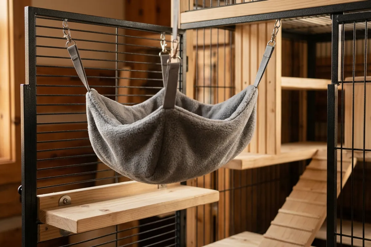 A fleece chinchilla hanging bed tied to corner bars just above a wooden ledge.