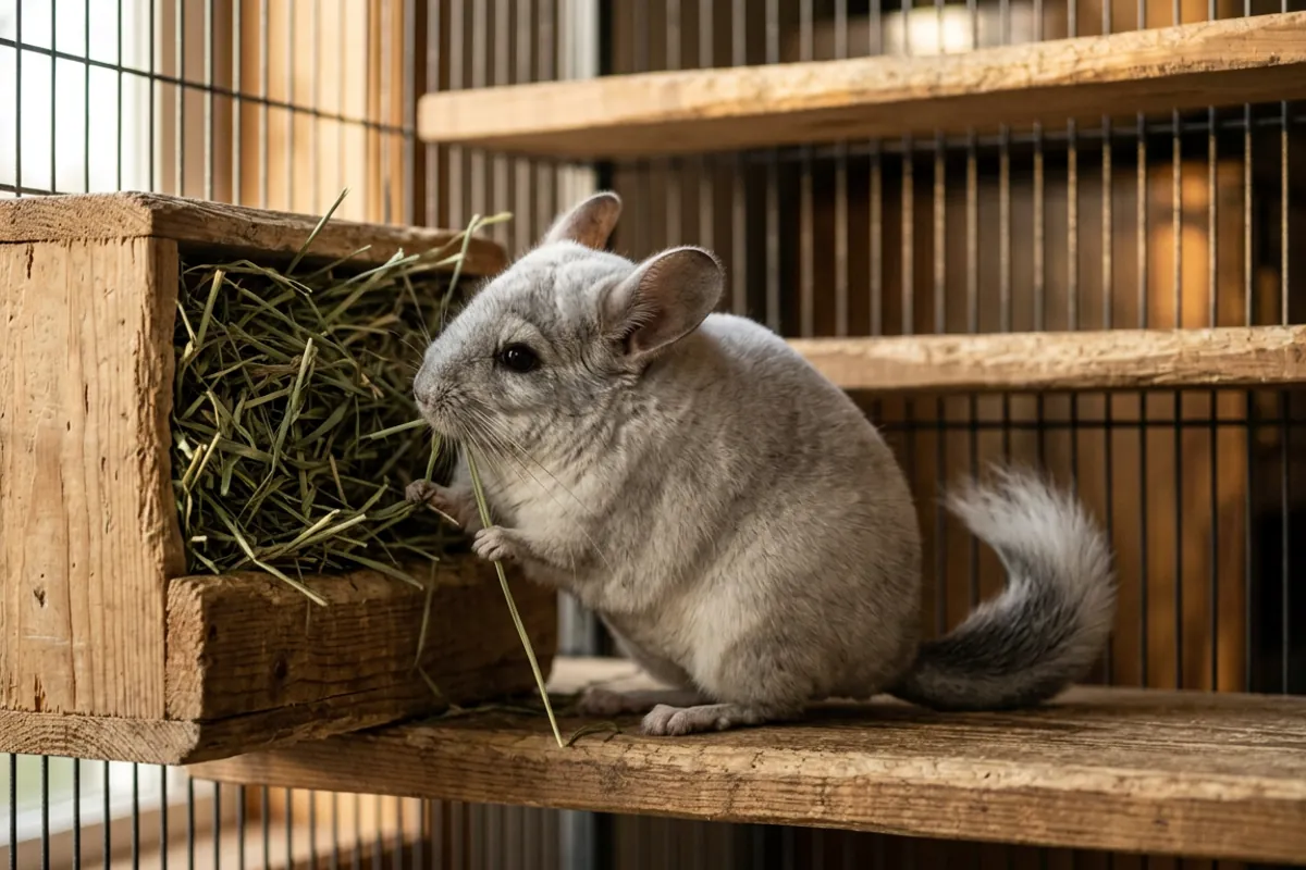 A chinchilla leaning into a wooden hay holder full of timothy hay on a wooden cage ledge
