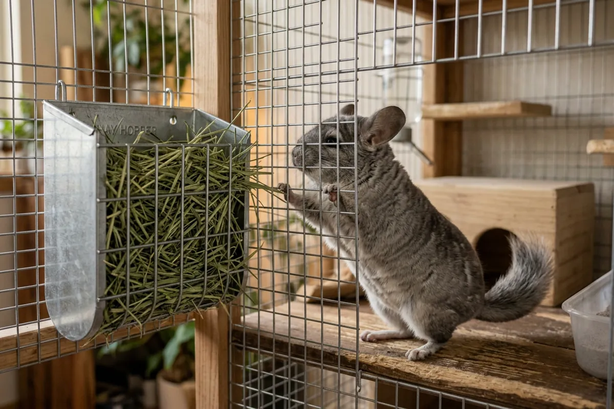 A metal hay feeder for a chinchilla mounted outside the cage bars while the chinchilla reaches through from a wooden ledge