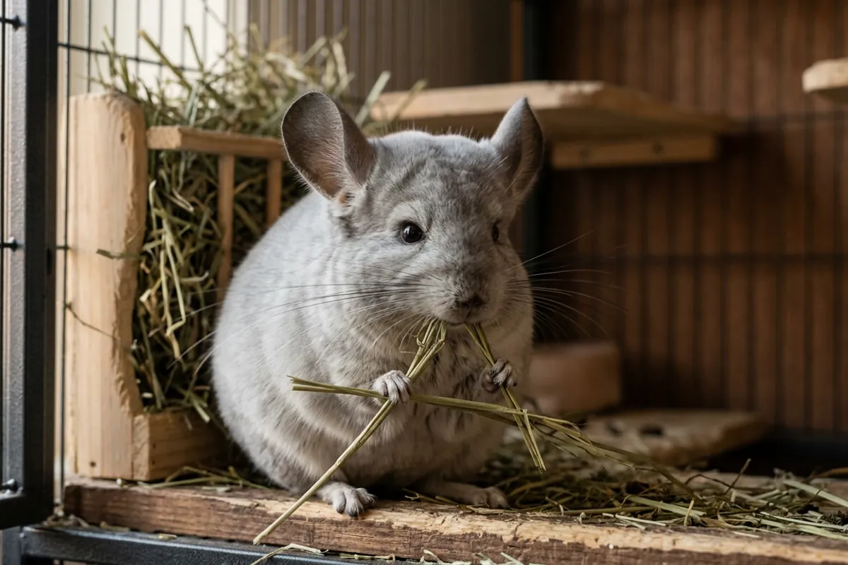A chinchilla grinding chinchilla hay side to side, the chewing that keeps its teeth worn down