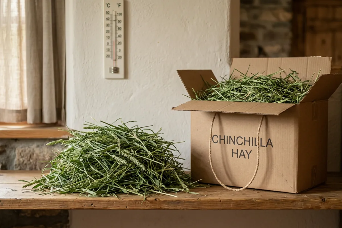 Fresh green chinchilla hay stored in a cool dry room beside a boxed supply