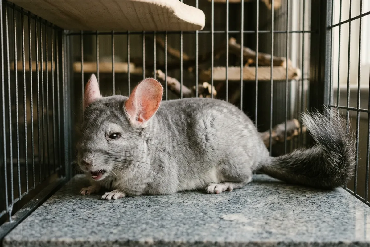 Early chinchilla heat stroke signs: a chinchilla panting with flushed ears on a cool tile.