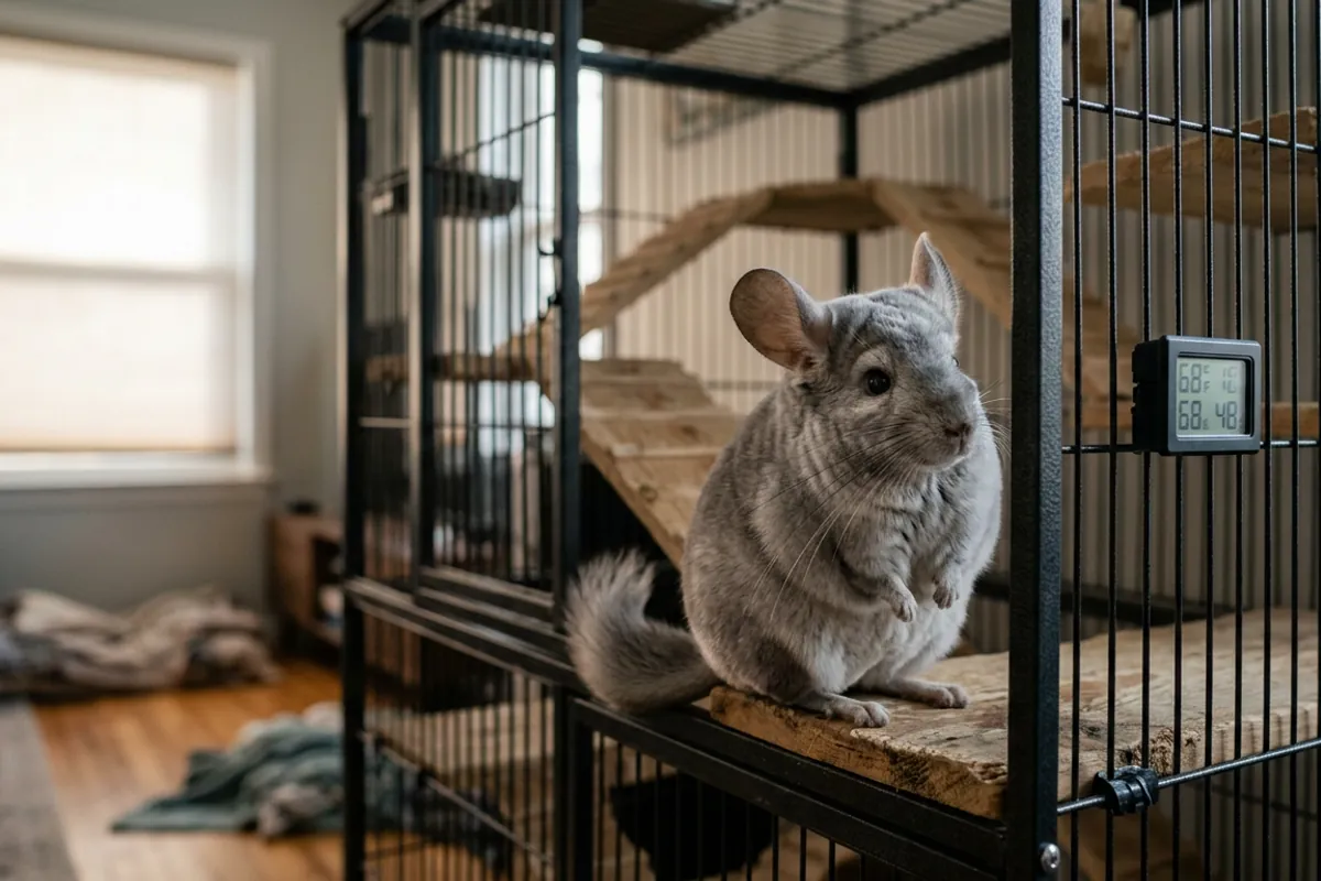 Chinchilla heat stroke prevention with a cage thermometer keeping the room cool.