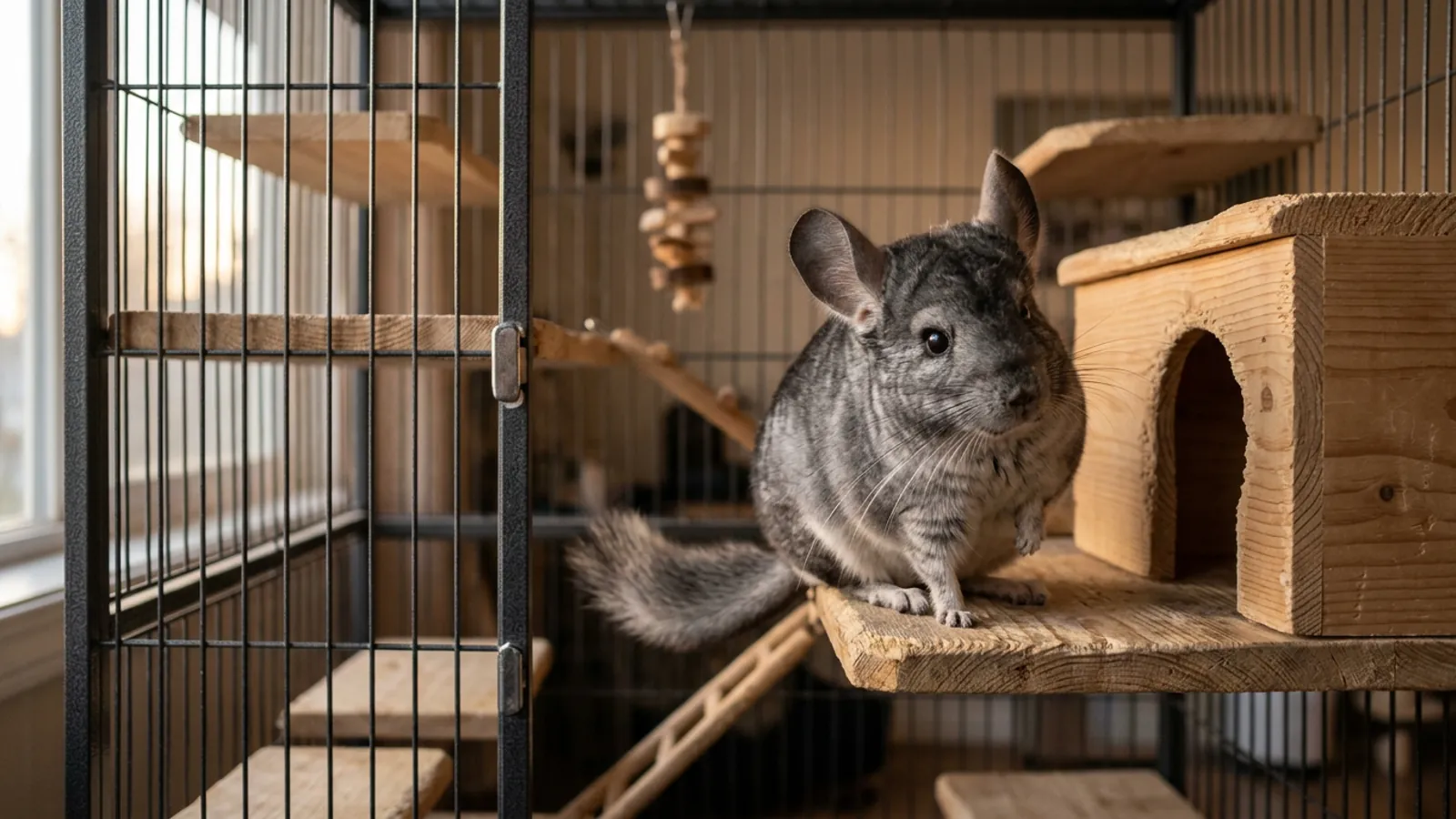 A chinchilla perched next to its wooden chinchilla house on a ledge in a tall metal and wood cage