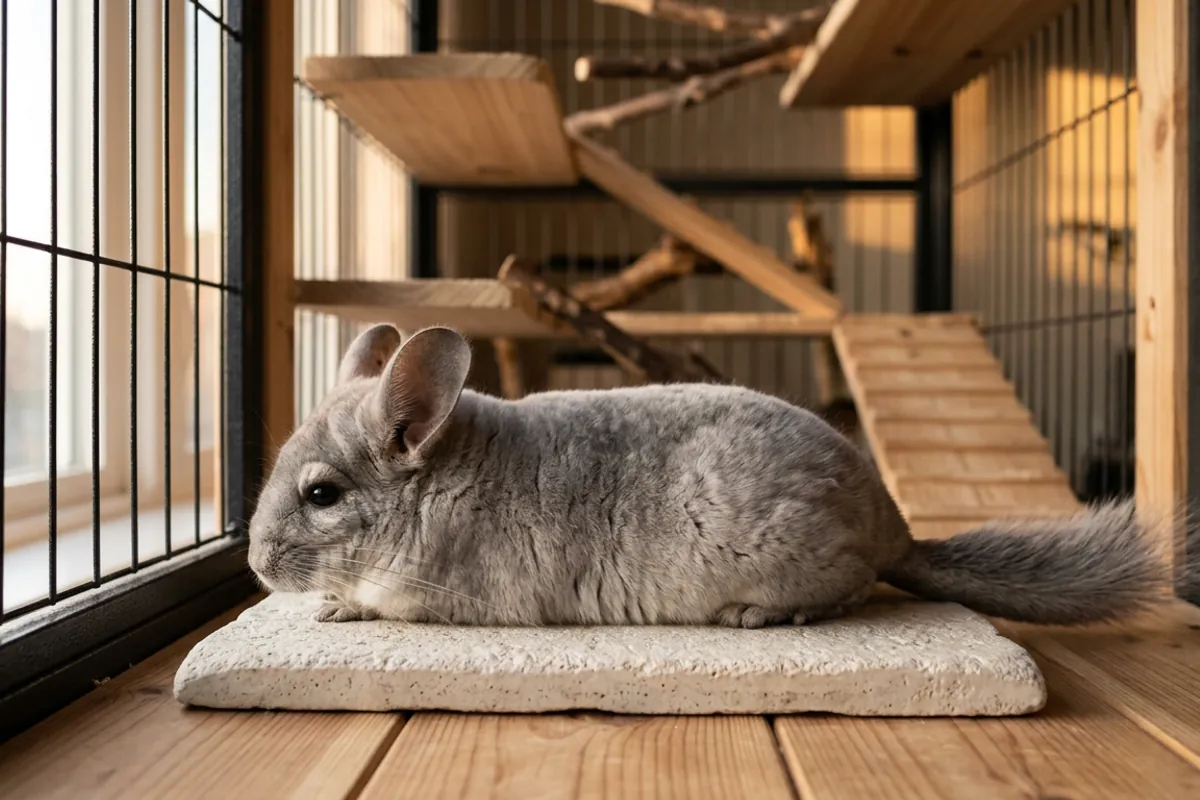 A chinchilla cooling off on a ceramic slab inside its chinchilla house cage during warm weather