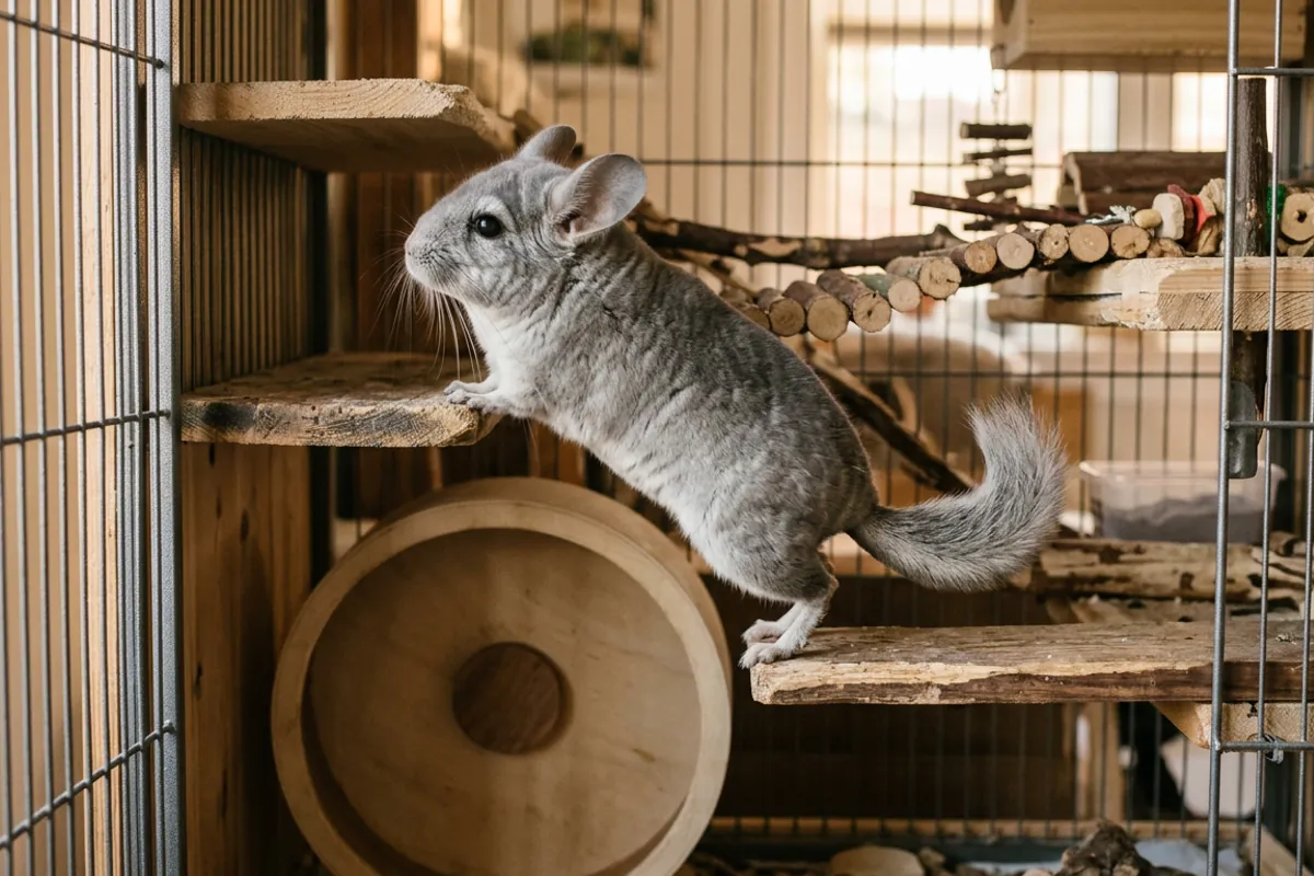 A chinchilla playing among ledges and a solid wheel in a well-equipped chinchilla play house cage