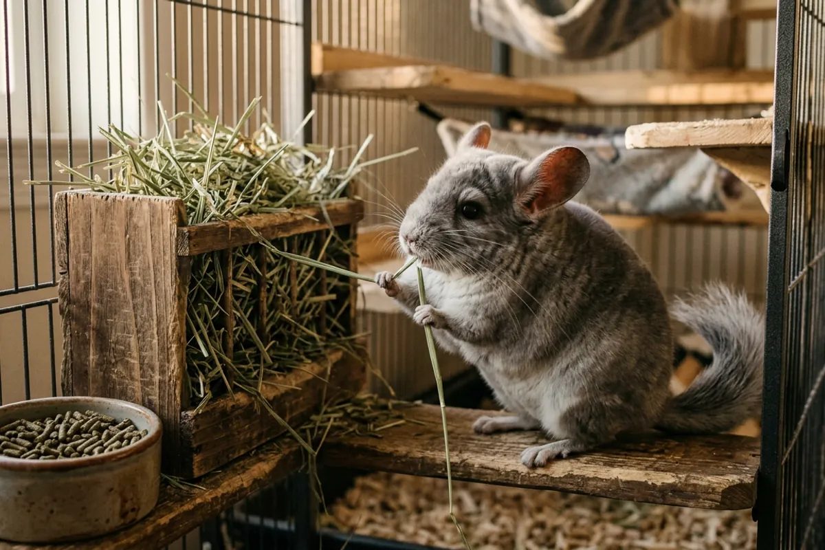 Learning how to take care of a chinchilla by feeding unlimited timothy hay first with pellets as a small supplement