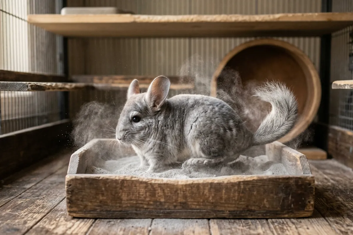 Part of how to take care of your chinchilla is offering a dust bath in fine pumice, never water
