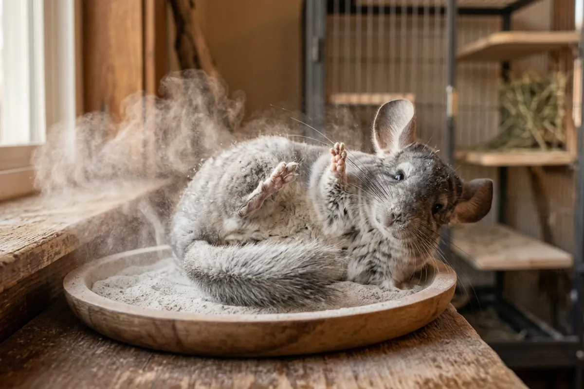 A chinchilla bathing in fine dust the way a chinchilla in the wild cleans its coat
