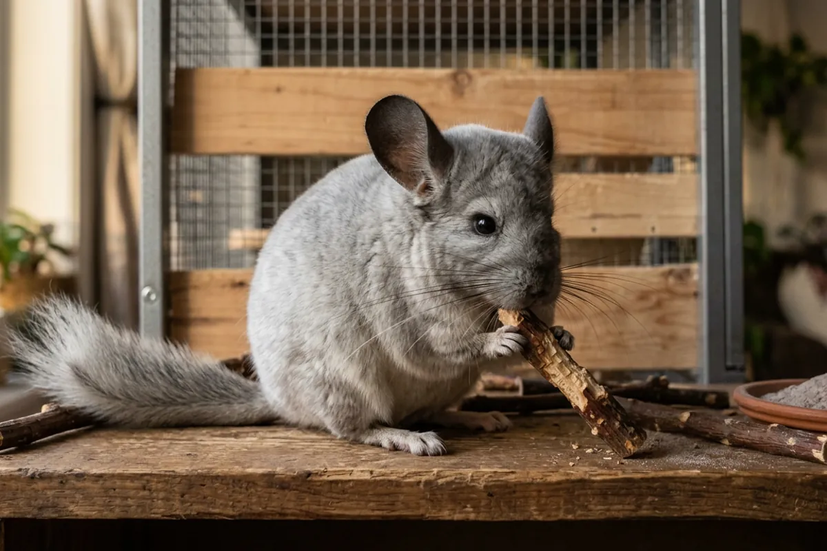 A chinchilla gnawing a wood chew to wear down teeth that never stop growing, just like a chinchilla in the wild