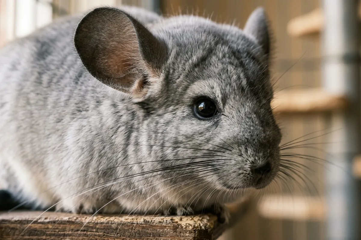 Close view of a chinchilla's dense silver-gray coat, one of the chinchilla interesting facts about the densest fur on land.