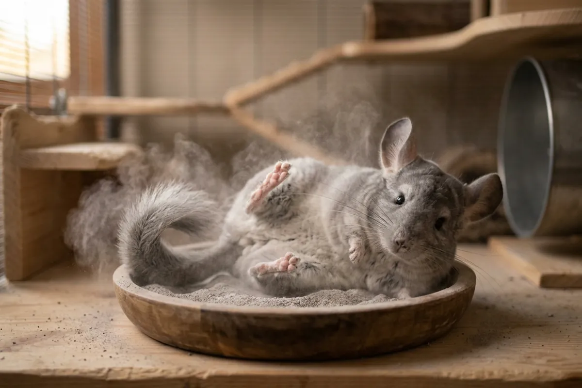 A chinchilla rolling in a dish of fine grey dust, showing one of the chinchilla interesting facts about dust bathing instead of water.