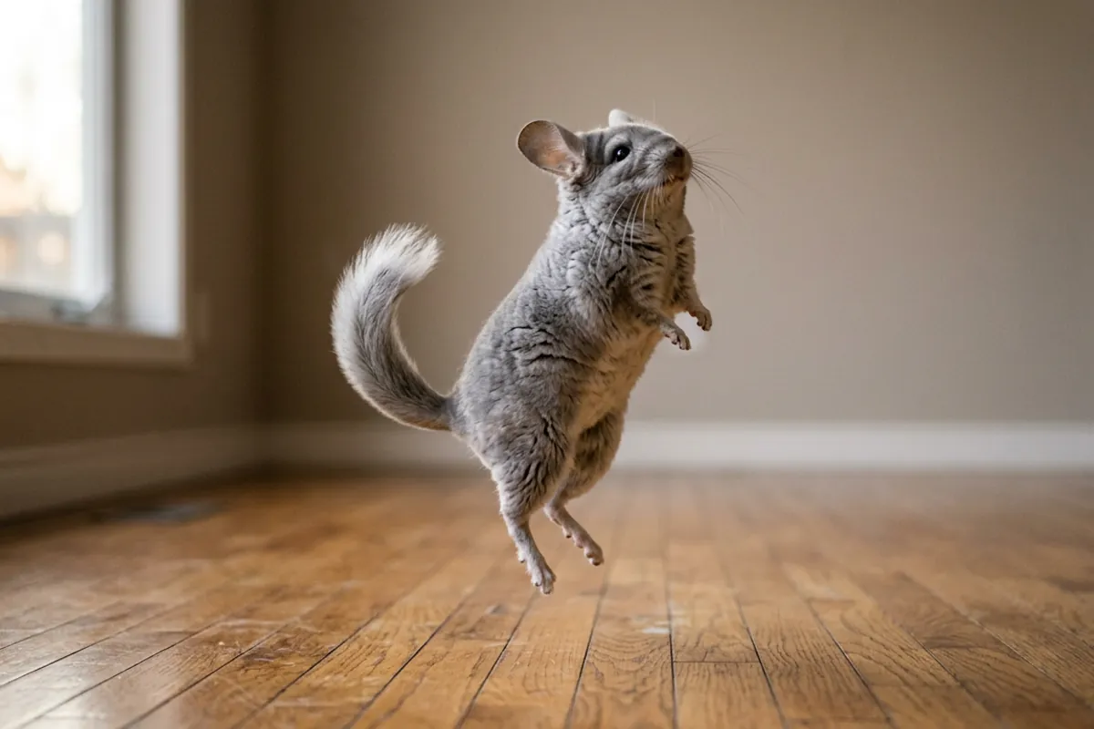 A chinchilla popcorning straight up off a wooden floor, a classic burst of happy chinchilla jumping