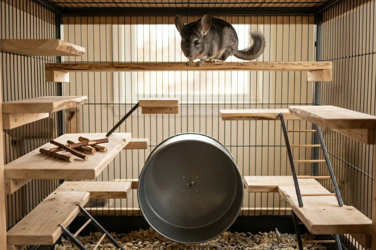 A tall metal cage with staggered wooden ledges and a solid surface wheel, built for chinchilla jumping