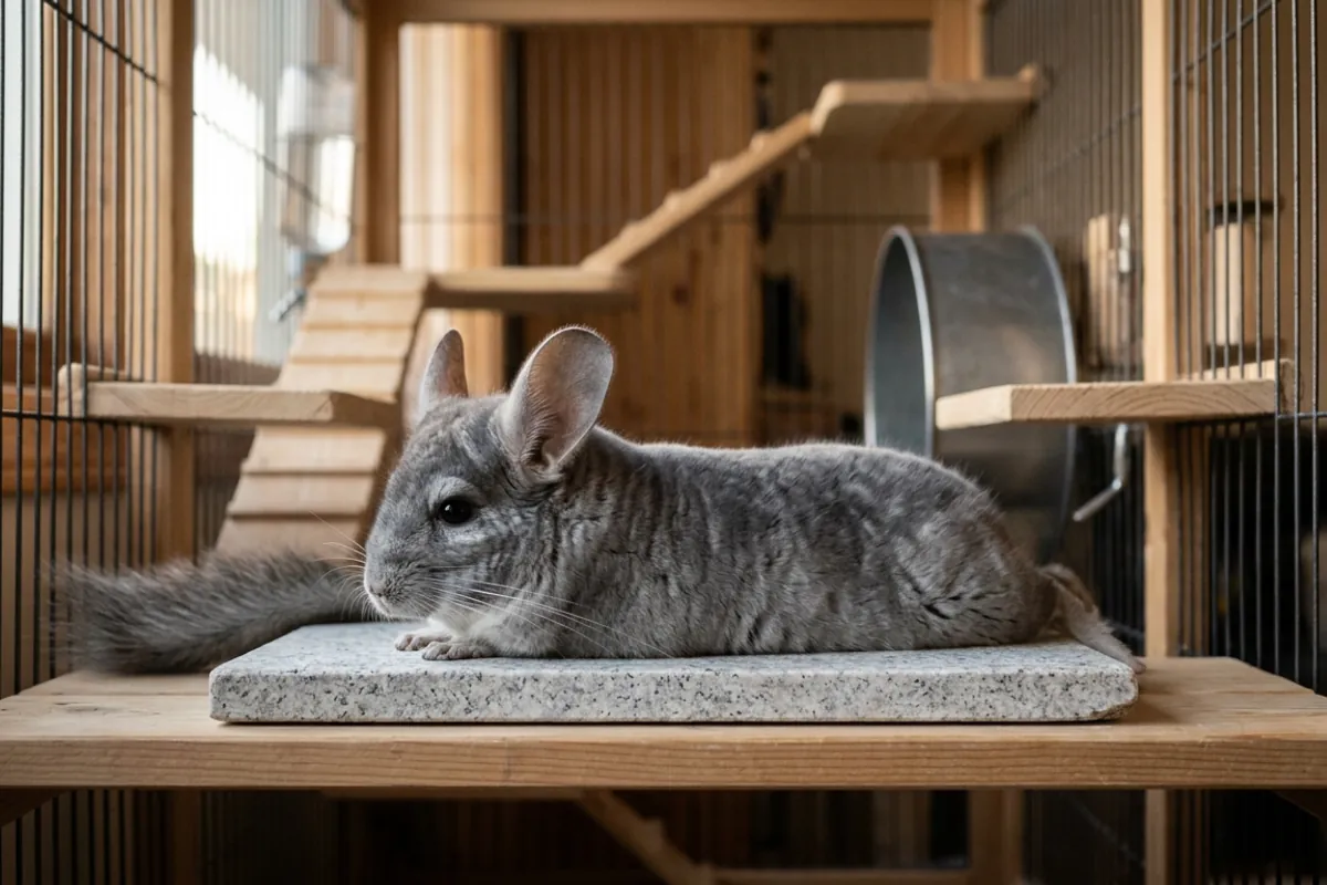 A lethargic chinchilla lying stretched flat on a cooling stone in a cool dim room