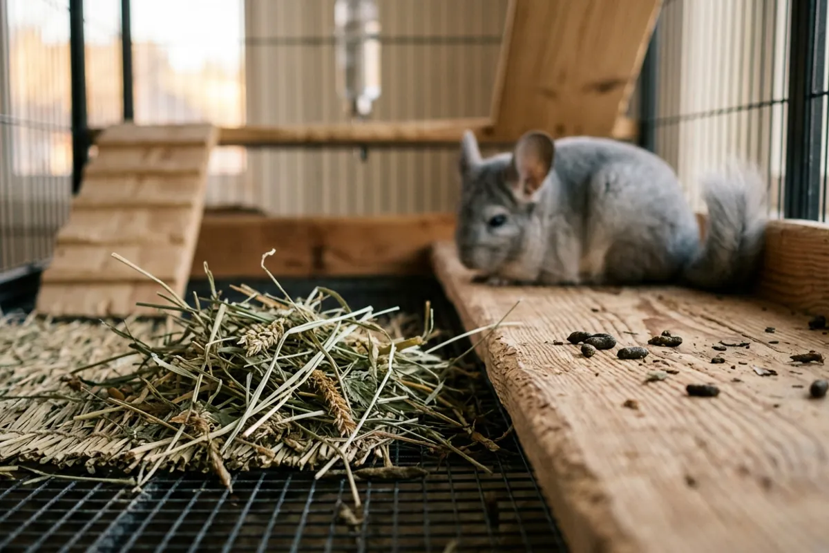 Small dry droppings and untouched hay in the cage of a lethargic chinchilla resting in the background
