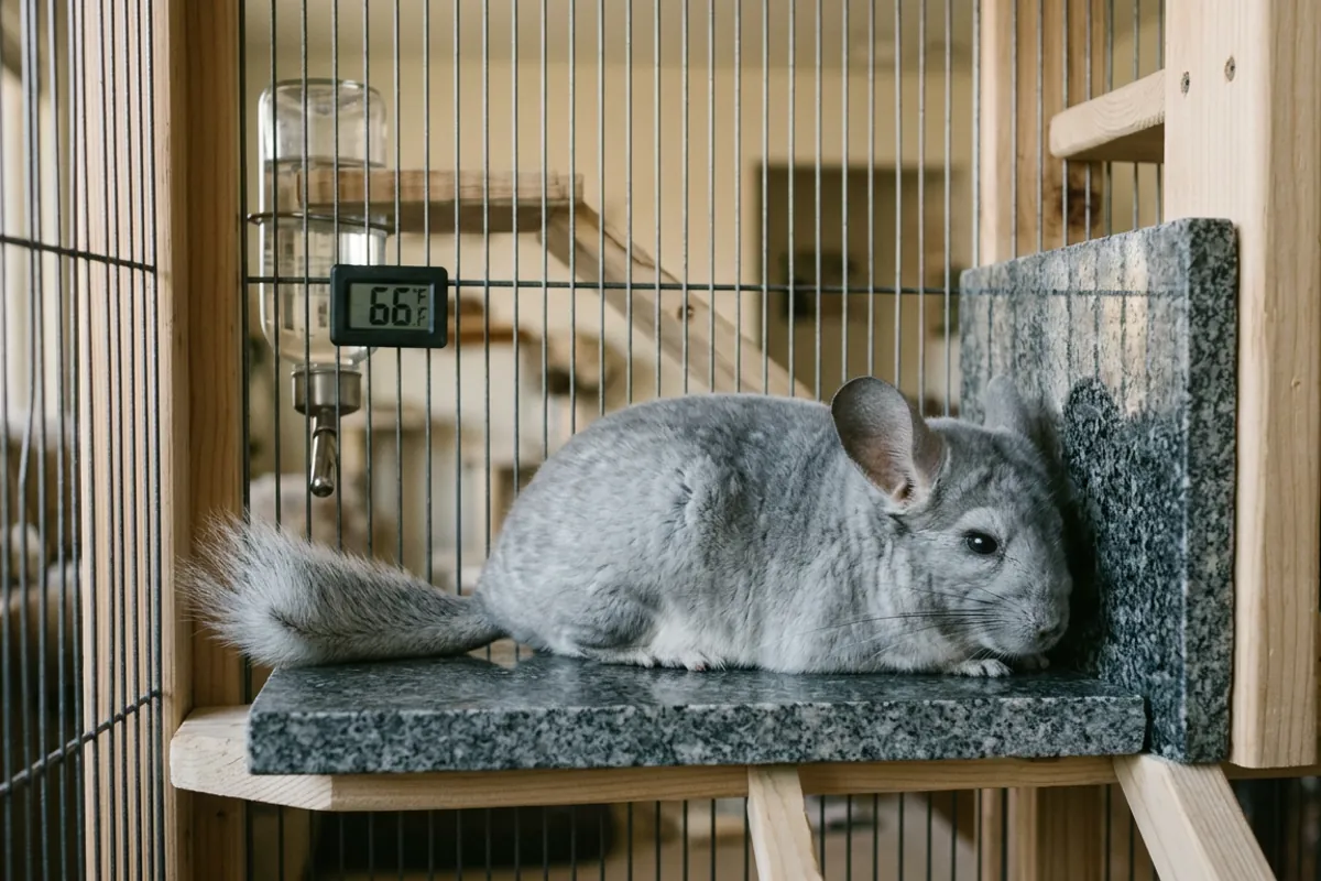 A chinchilla resting on a cooling stone, since heat control protects chinchilla life expectancy