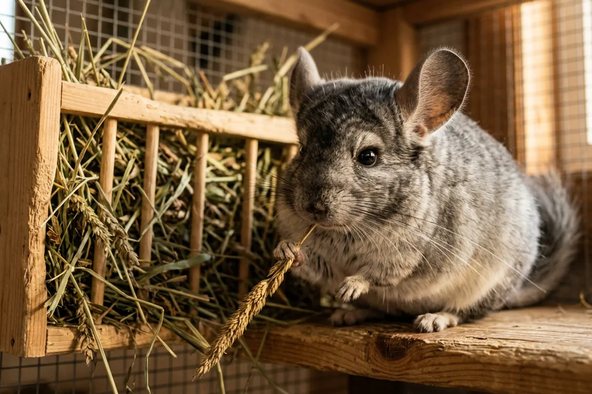 A chinchilla eating coarse hay, the diet habit most tied to long chinchilla life expectancy
