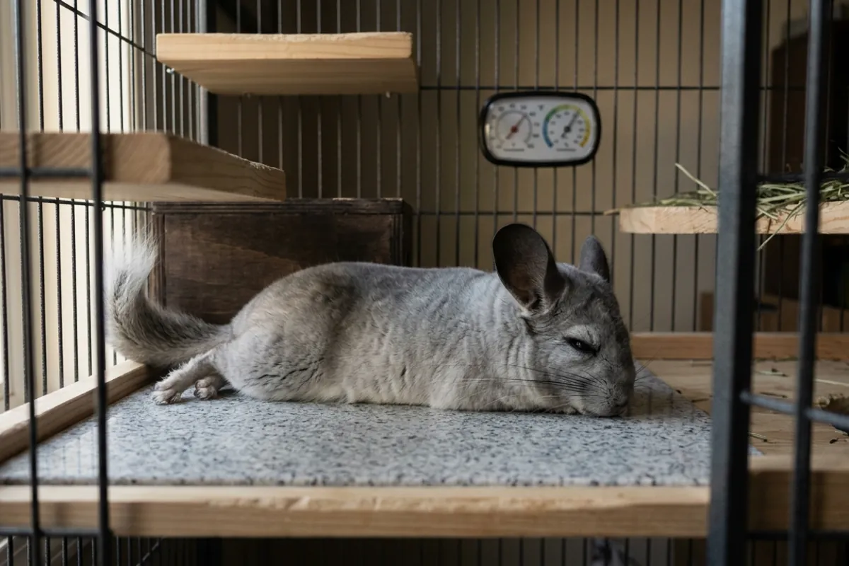 A chinchilla cooling on a granite slab, one of the habits that protects a long pet chinchilla lifespan