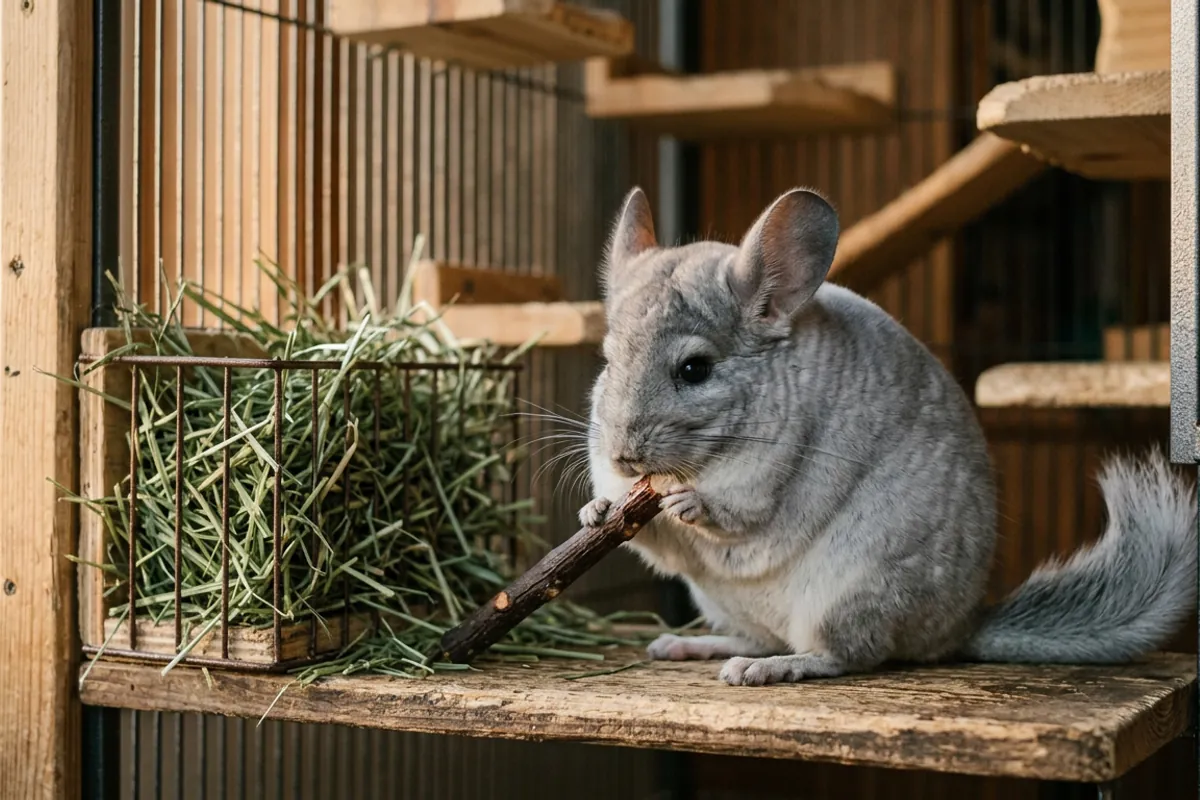 A chinchilla wearing its teeth down on hay and wood, the daily work behind a long chinchilla lifespan as a pet