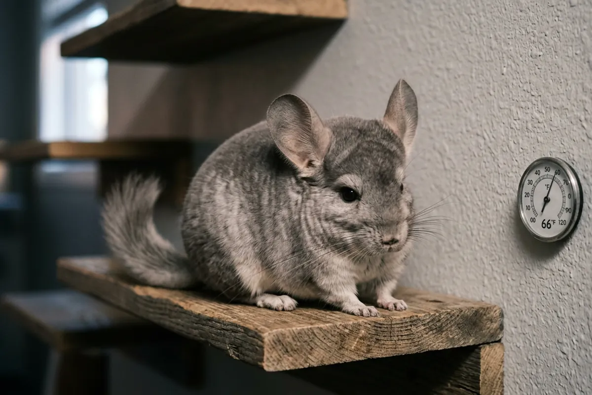 A chinchilla resting in a cool shaded room, the temperature control that protects a full chinchilla lifespan
