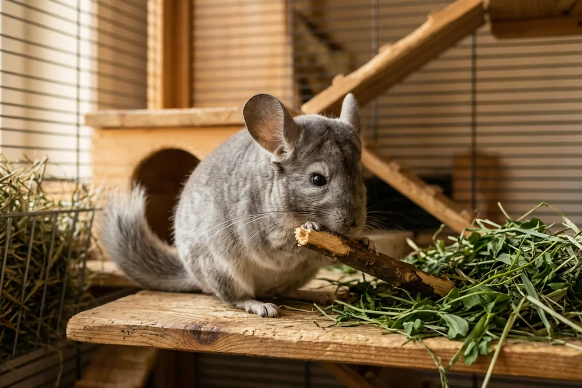 A chinchilla chewing wood beside a pile of hay, the daily grinding that guards teeth across a long chinchilla lifespan