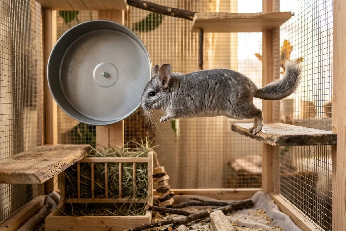A real chinchilla jumping in a tall metal and wood cage, the setup a chinchilla littlest pet shop toy never shows