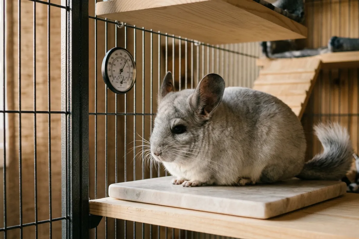 A chinchilla lying on a cooling stone near a cage thermometer, the heat care a chinchilla lps toy cannot show