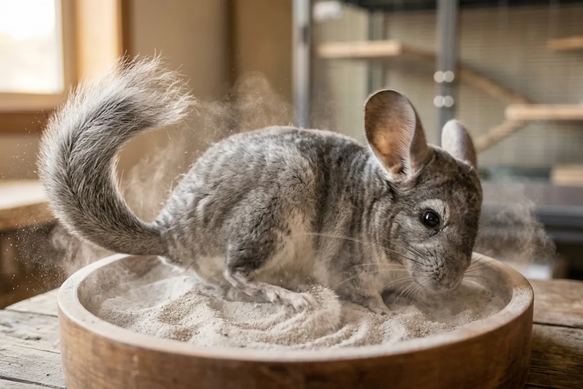 A real chinchilla rolling in a dust bath, showing the care behind the chinchilla lps toy