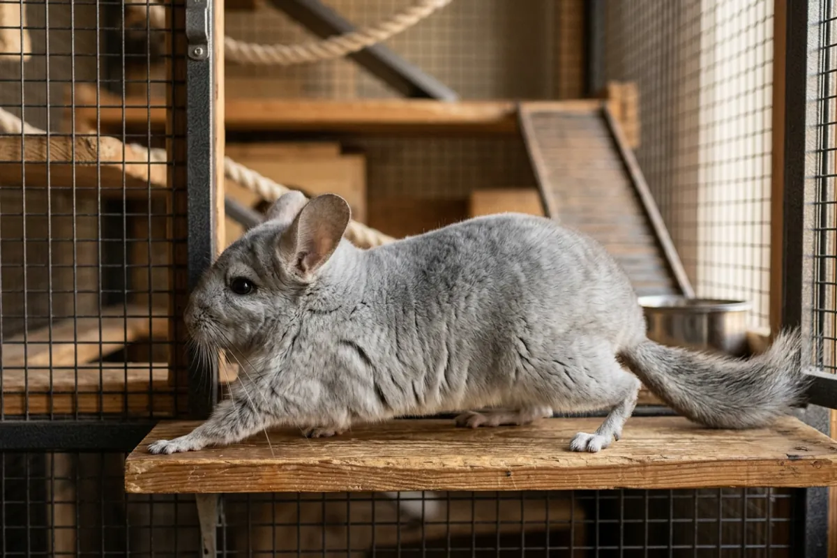 A silver-gray chinchilla on a wooden ledge, small under its dense coat, the size behind the search for a chinchilla mini.