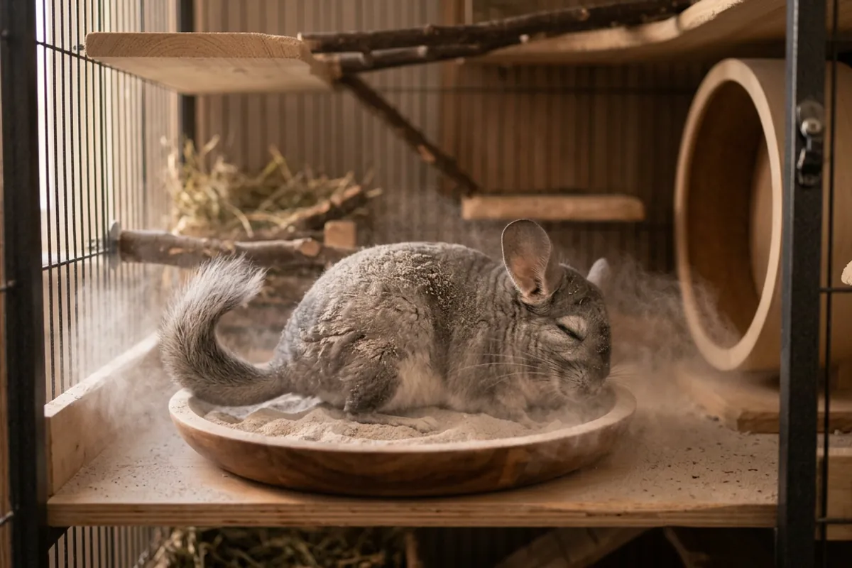 A chinchilla rolling in fine volcanic dust, showing that a chinchilla mini still needs a full dust bath routine.
