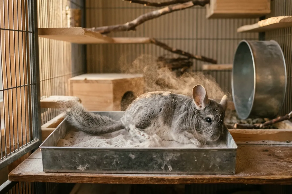 A chinchilla rolling in dry volcanic dust, the routine that keeps the coat in condition, whatever it does or does not do about parasites.